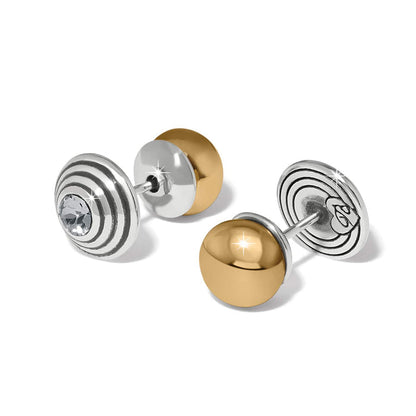 Brighton stud earrings with two-tone finish, crystal centers, ribbed silver discs, and gold dome accents on a white background