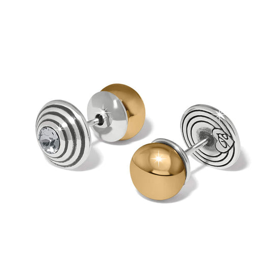 Brighton stud earrings with two-tone finish, crystal centers, ribbed silver discs, and gold dome accents on a white background
