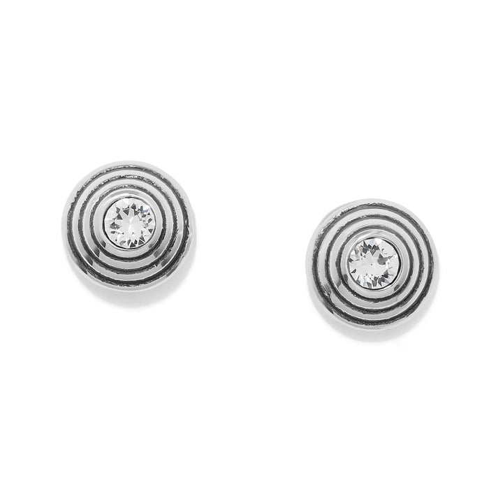 Brighton stud earrings with concentric circle design, central crystal accents, and two-tone finish on a white background