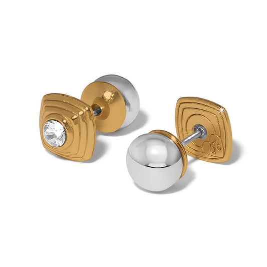 Brighton two-tone stud earrings with gold square crystal front and silver ball back on a white background