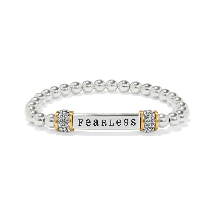 Brighton beaded stretch bracelet with two-tone Fearless message bar and crystal accents on a white background