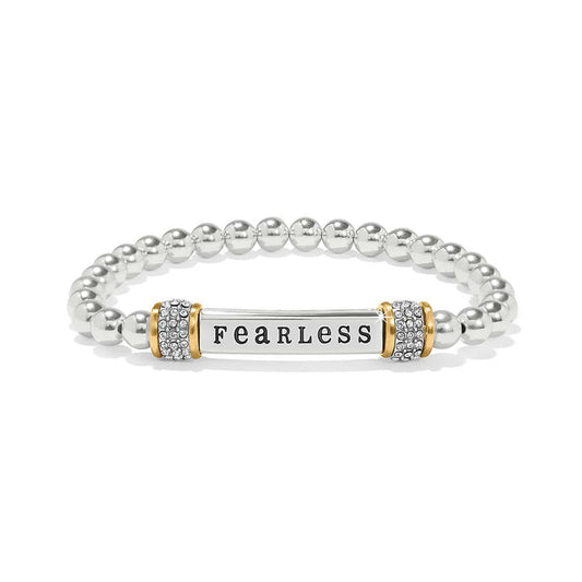 Brighton beaded stretch bracelet with two-tone Fearless message bar and crystal accents on a white background