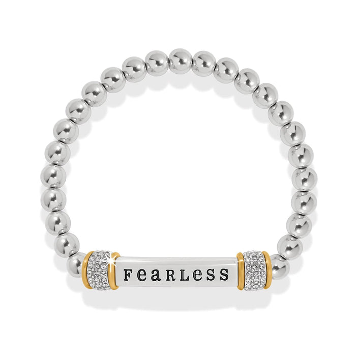 Brighton beaded stretch bracelet with silver-tone beads, two-tone fearless bar, and crystal accents on a white background