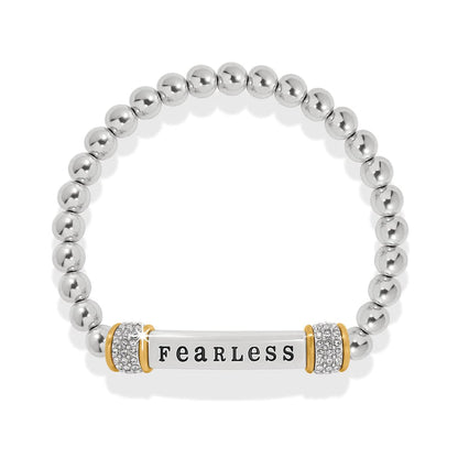 Brighton beaded stretch bracelet with silver-tone beads, two-tone fearless bar, and crystal accents on a white background