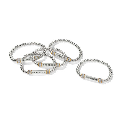 Brighton beaded stretch bracelets with two-tone bars reading Faithful, Fearless, Grateful, Believe, Cherished and crystal accents on a white background