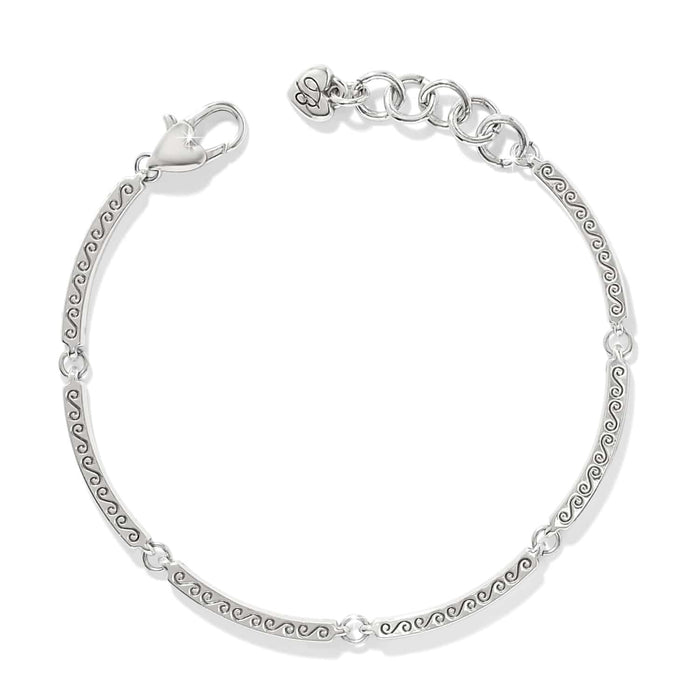 Brighton silver-plated link bracelet with engraved wave scroll bar links and lobster clasp on a white background