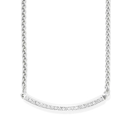 Brighton necklace with silver-plated wheat chain and curved crystal-set bar pendant on a white background