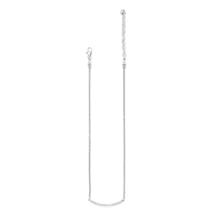 Brighton silver-plated chain necklace with curved crystal bar pendant and lobster clasp on a white background
