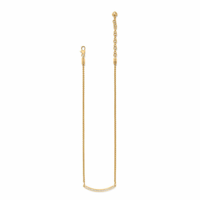 Brighton gold-plated chain necklace with curved crystal bar pendant and lobster clasp on a white background