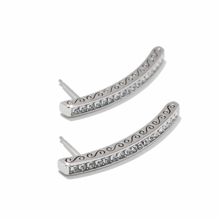 Brighton curved bar stud earrings with crystal pavé row and silver-plated scroll detail on a white background