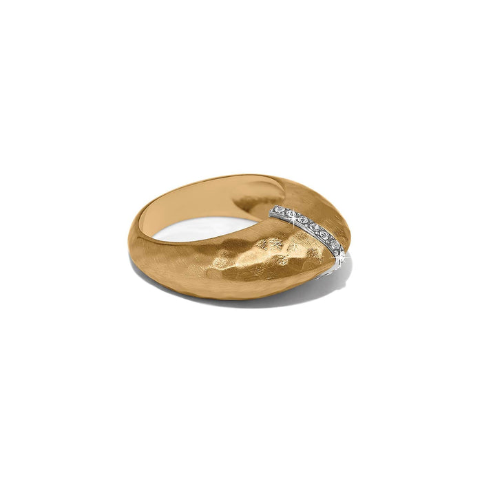 Brighton ring with hammered gold-plated dome and silver-tone crystal accent band on a white background