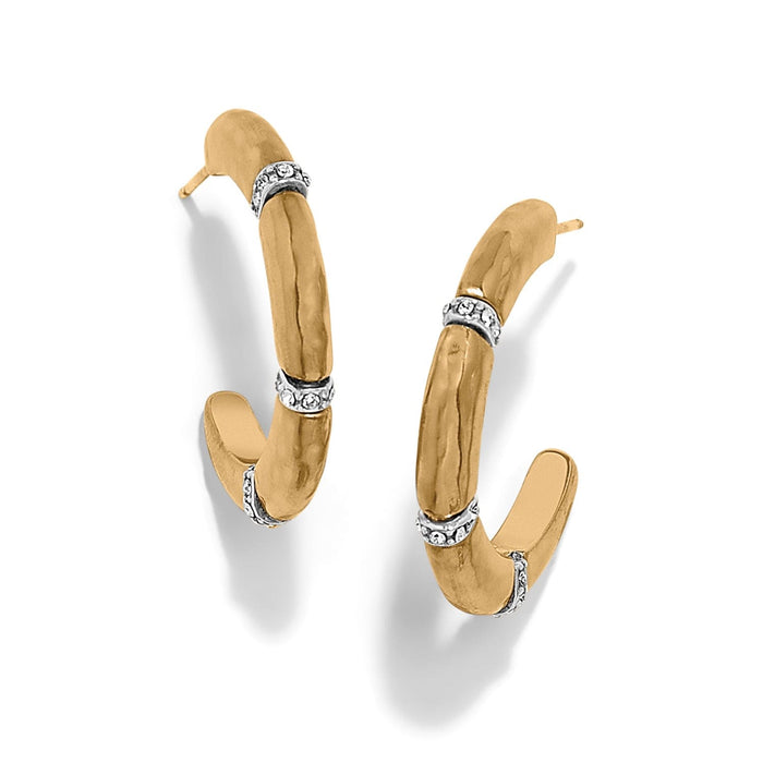 Brighton hoop earrings with hammered gold-plated finish and silver crystal accent stations on a white background