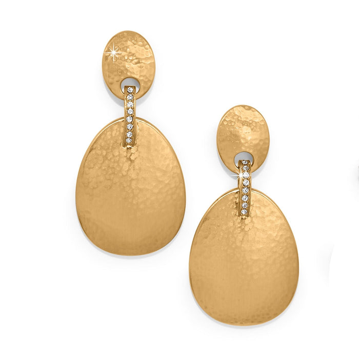 Brighton drop earrings with hammered gold-plated oval discs and crystal accents on a white background