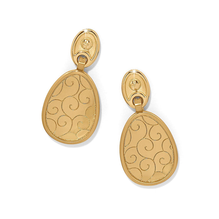 Brighton drop earrings with gold-plated teardrop pendants featuring etched swirl patterns and oval posts on a white background