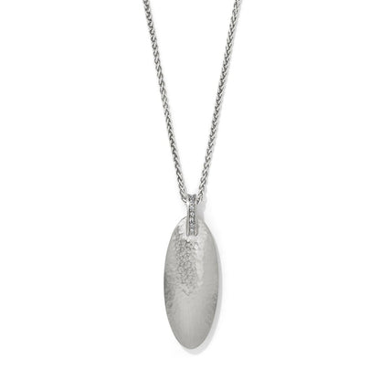 Brighton pendant necklace with hammered silver-plated oval drop and crystal-accented bail on a white background