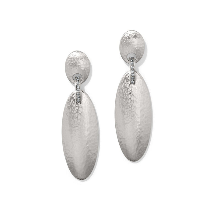 Brighton drop earrings with hammered silver-plated oval discs and crystal-accented bars on a white background