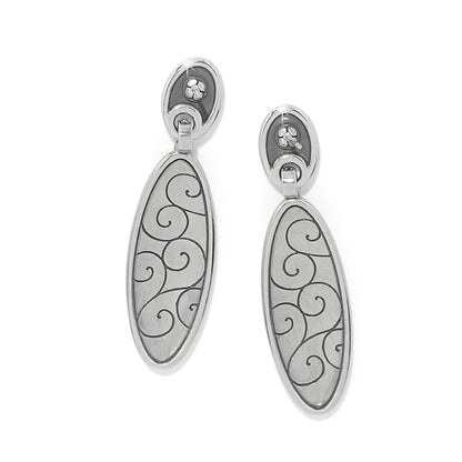 Brighton drop earrings with silver-plated elongated oval dangles featuring scrollwork patterns and crystal accents on a white background