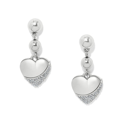 Brighton drop earrings with silver-plated beads and heart charms accented with crystal pavé on a white background