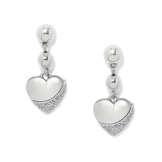 Brighton drop earrings with silver-plated beads and heart charms accented with crystal pavé on a white background