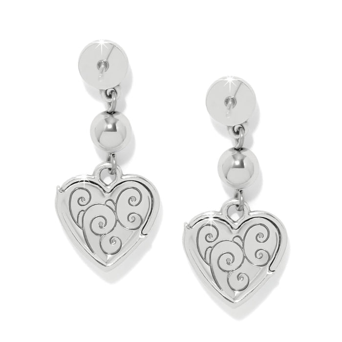 Brighton drop earrings with silver-plated beads and engraved heart charms featuring scroll detailing on a white background
