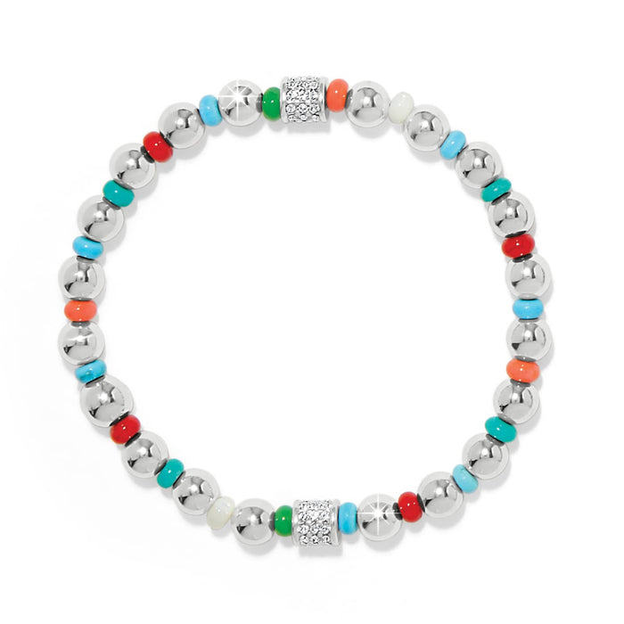 Brighton beaded bracelet with silver-plated beads, multicolor accents, and crystal pavé barrel stations on a white background