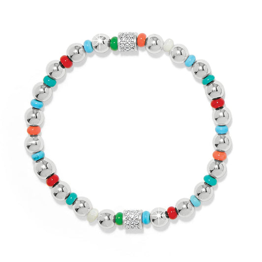 Brighton beaded bracelet with silver-plated beads, multicolor accents, and crystal pavé barrel stations on a white background