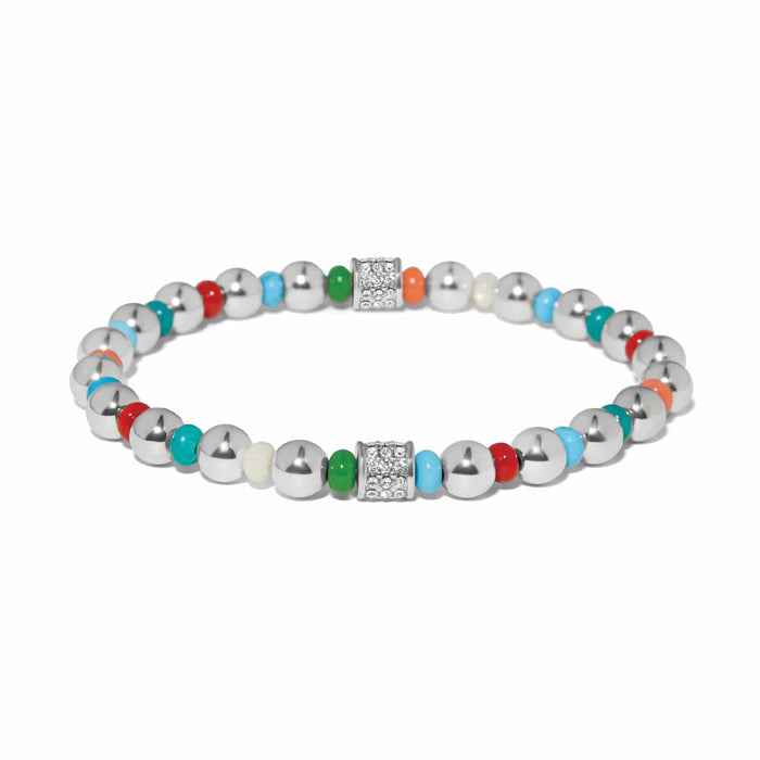 Brighton beaded bracelet with silver-plated beads, multicolor accents, and crystal pavé stations on a white background