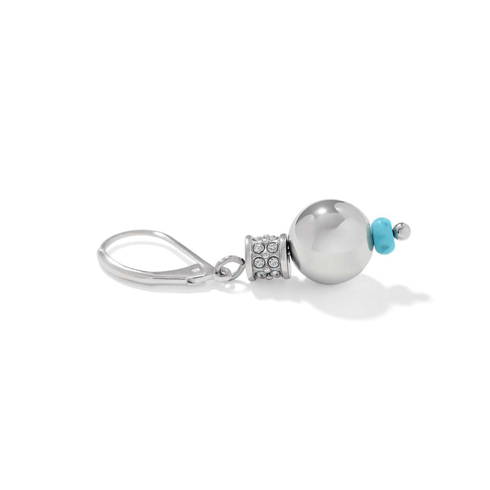 Brighton drop earrings with silver-plated bead, crystal-set accent, and blue howlite turquoise bead on a white background