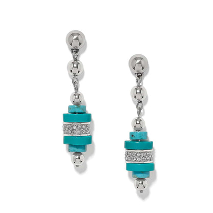 Brighton drop earrings with turquoise stone discs, crystal pavé band, and silver-plated beads on a white background