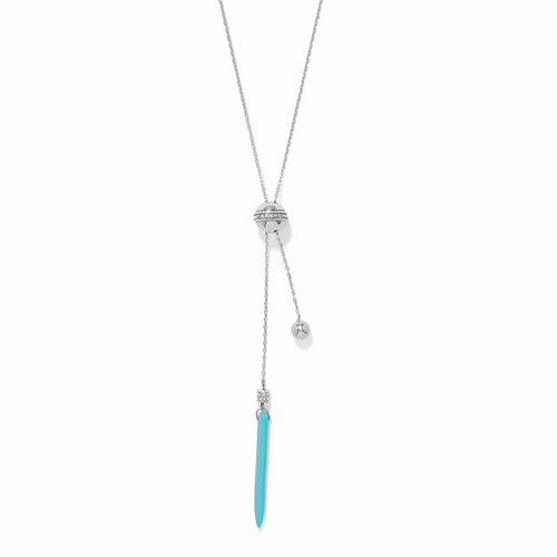 Brighton lariat necklace with silver-plated bead, crystal accents, and blue howlite turquoise drop on a white background