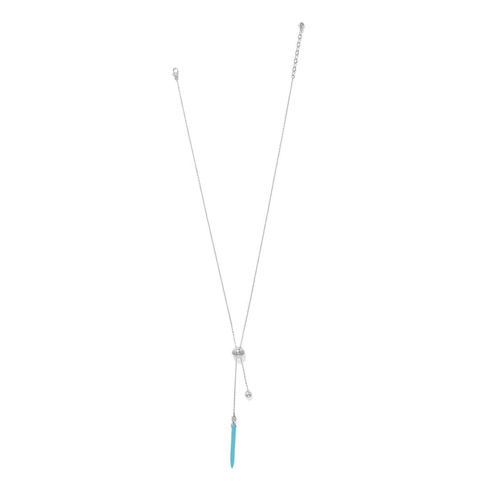 Brighton lariat necklace with silver-plated chain, crystal accents, and blue howlite turquoise drop on a white background