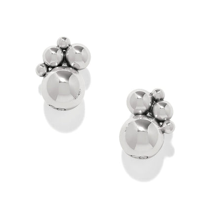 Brighton stud earrings with silver-plated polished bead clusters in graduated sizes on a white background