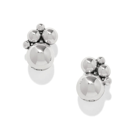 Brighton stud earrings with silver-plated polished bead clusters in graduated sizes on a white background