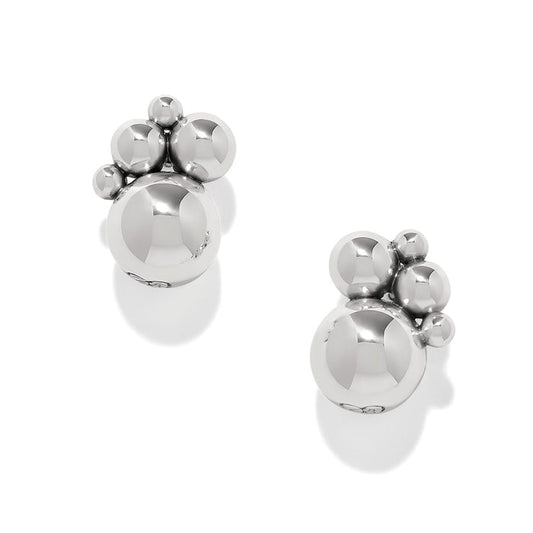 Brighton stud earrings with silver-plated polished bead clusters in graduated sizes on a white background
