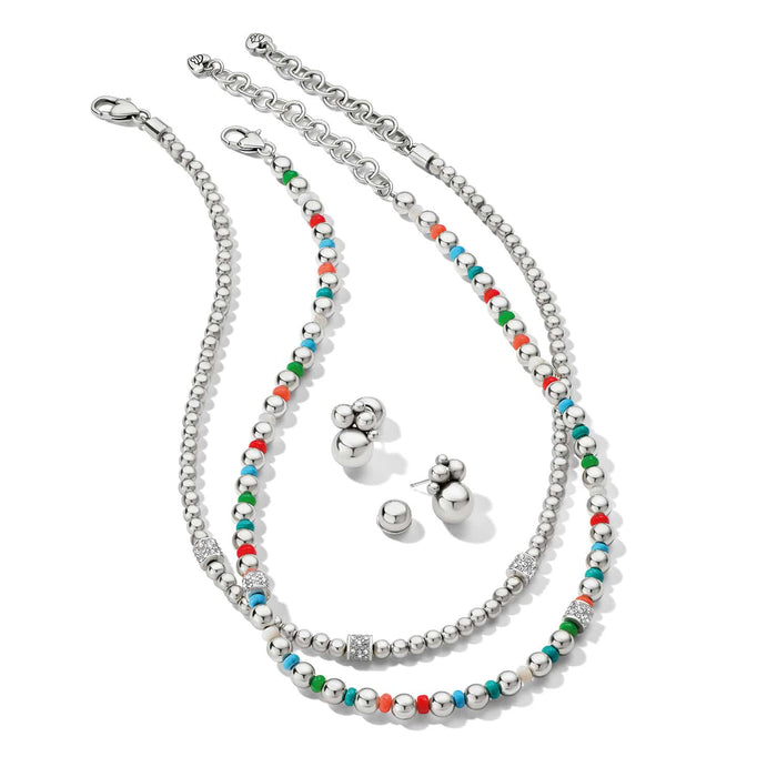 Brighton silver-plated beaded necklaces and stud earrings with multicolor accent beads and crystal pavé stations on a white background