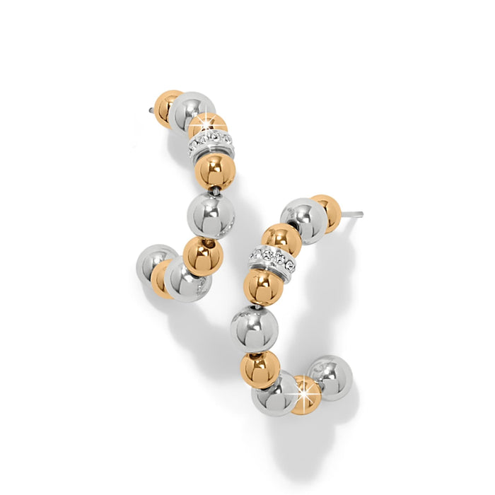 Brighton hoop earrings with alternating silver and gold two-tone beads and crystal accents on a white background