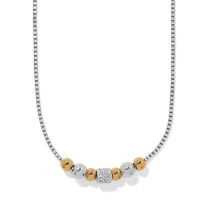 Brighton necklace with silver and gold-tone beads, crystal-set center bead, and silver box chain on a white background