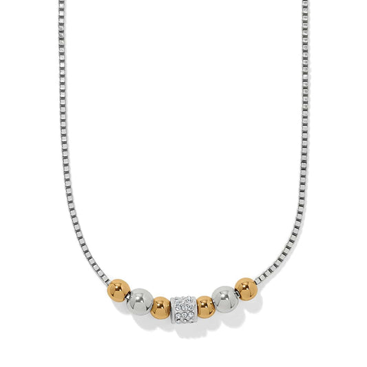 Brighton necklace with silver and gold-tone beads, crystal-set center bead, and silver box chain on a white background