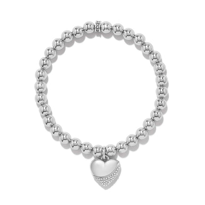Brighton beaded stretch bracelet with silver-plated beads and crystal-accented heart charm on a white background