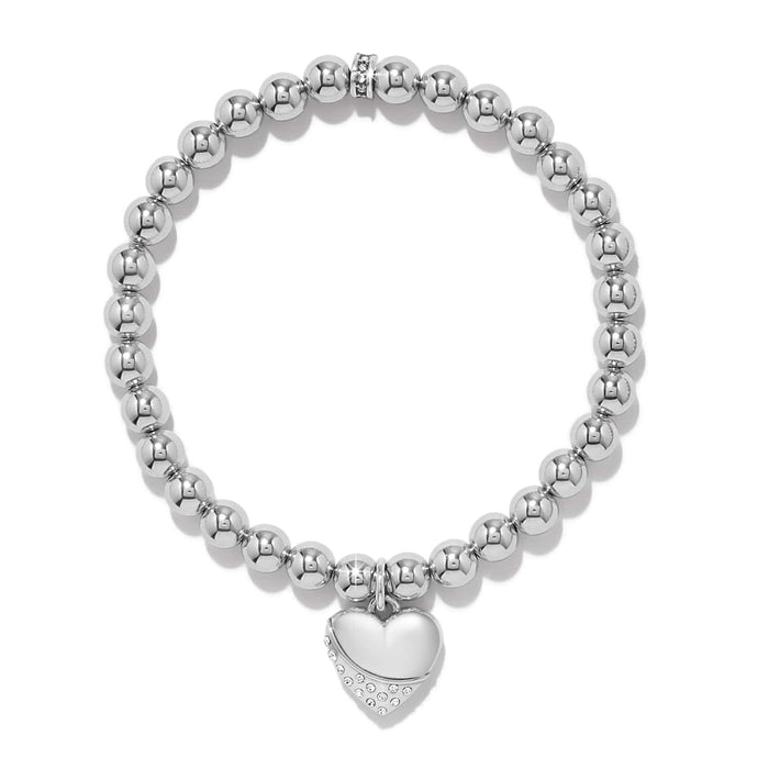 Brighton beaded stretch bracelet with silver-plated beads, crystal accent, and heart charm with crystals on a white background