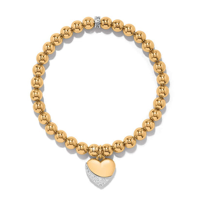 Brighton beaded bracelet with gold-plated beads, heart charm, and silver-plated crystal accents on a white background