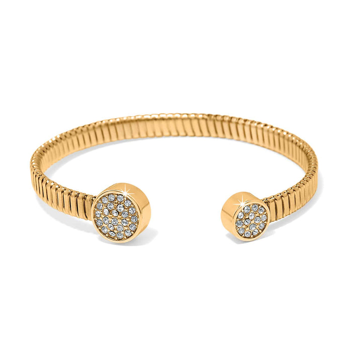 Brighton cuff bracelet in gold-plated finish with ribbed texture and crystal-pavé disc end caps on a white background