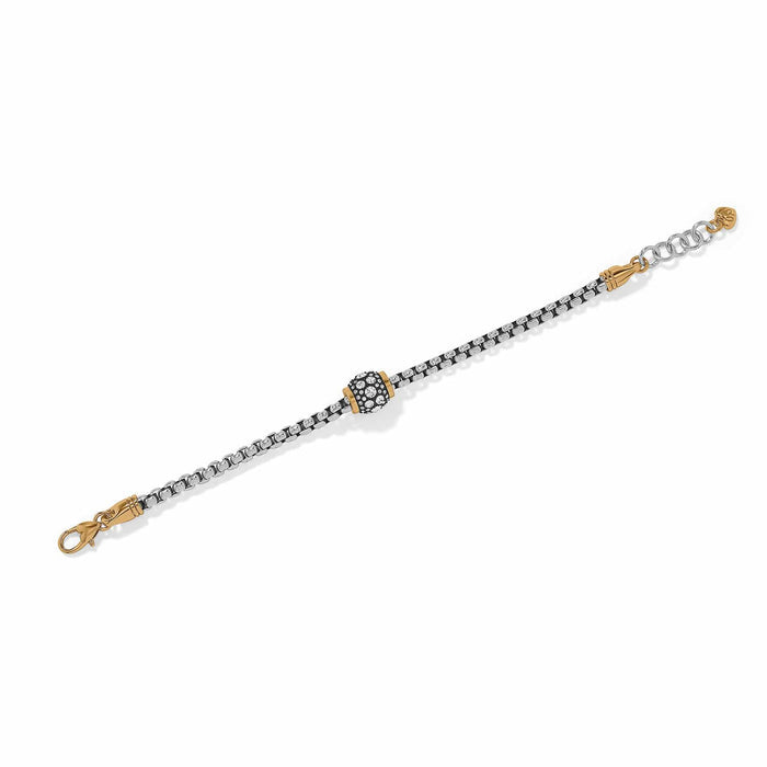 Brighton bracelet with two-tone chain, crystal-studded center bead, and gold-tone lobster clasp on a white background