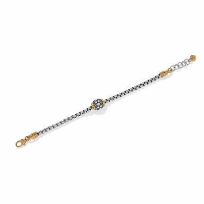 Brighton bracelet with two-tone chain, crystal-studded center bead, and gold-tone lobster clasp on a white background