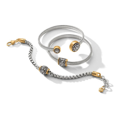 Brighton two-tone bracelet set with crystal accents, box chain and cuff styles with gold accents on a white background
