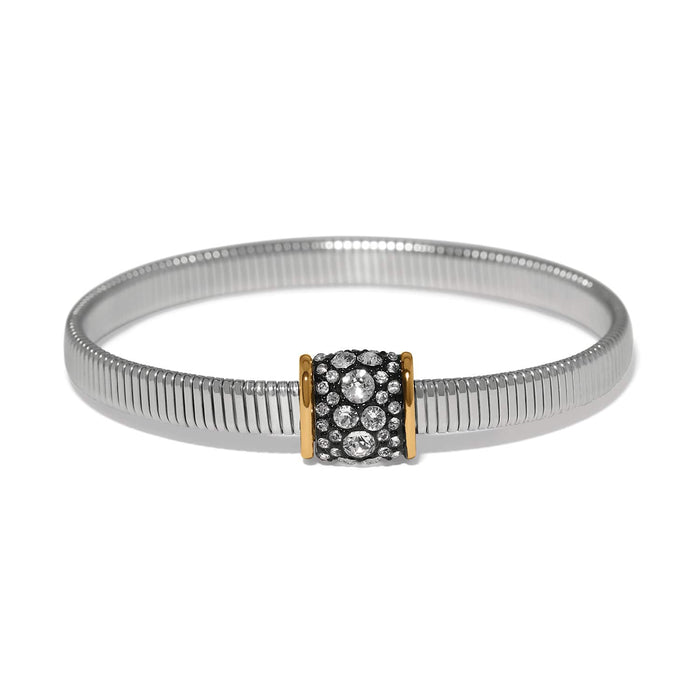 Brighton stretch bracelet with silver-tone band and gold-accented crystal pavé centerpiece on a white background