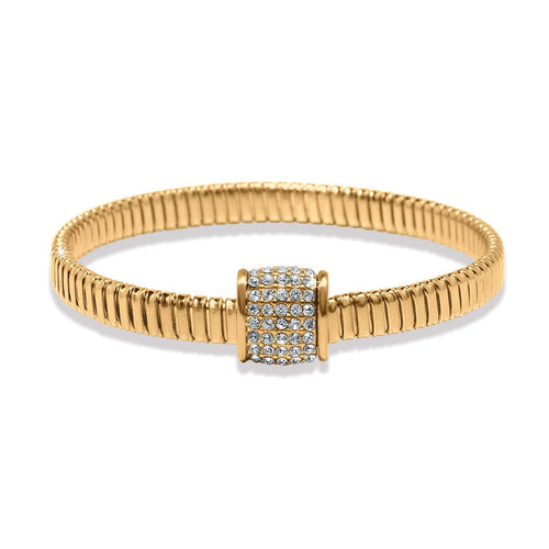 Brighton bracelet with gold-plated ribbed stretch band and crystal pavé centerpiece bead on a white background