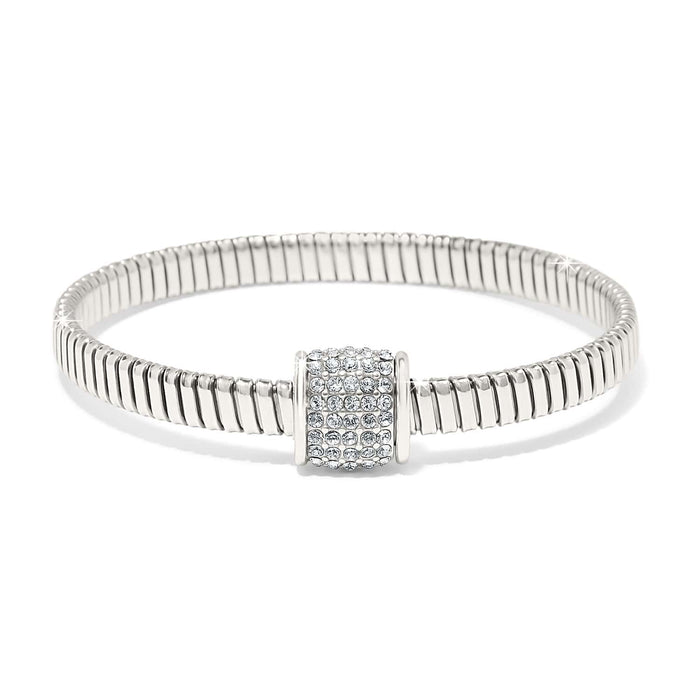 Brighton bangle bracelet with silver-plated flexible band and crystal pavé centerpiece on a white background