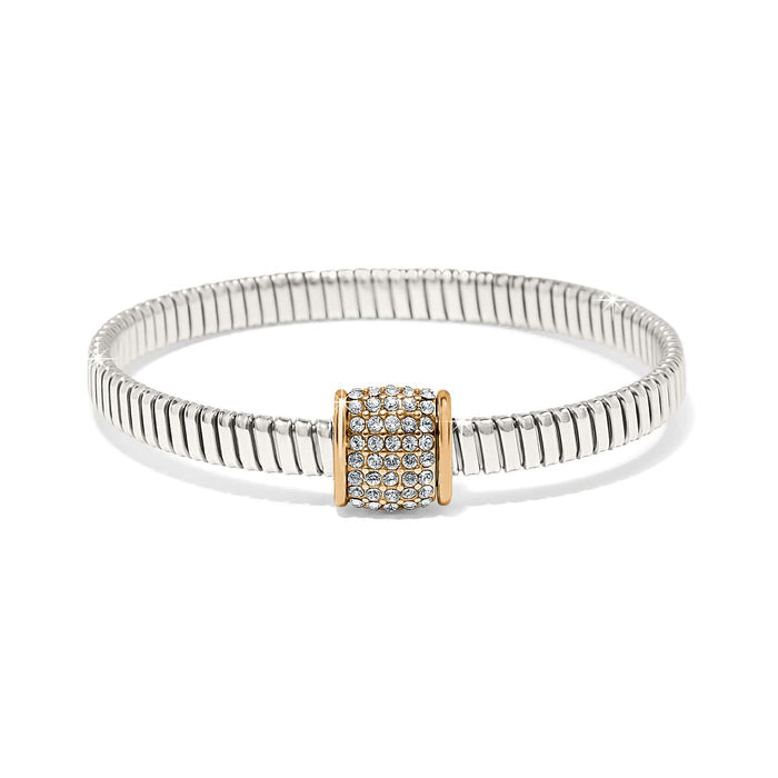 Brighton bangle bracelet with silver-plated ribbed band and gold-plated crystal pavé station on a white background