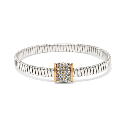 Brighton bangle bracelet with silver-plated ribbed band and gold-plated crystal pavé station on a white background
